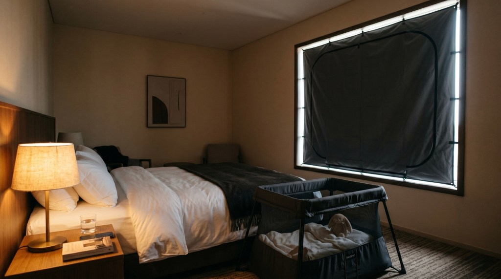dimly lit room with blackout curtain