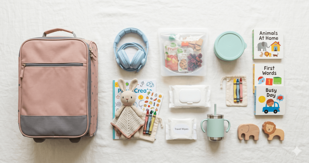 Toddler airplane travel essentials laid out next to a carry-on bag